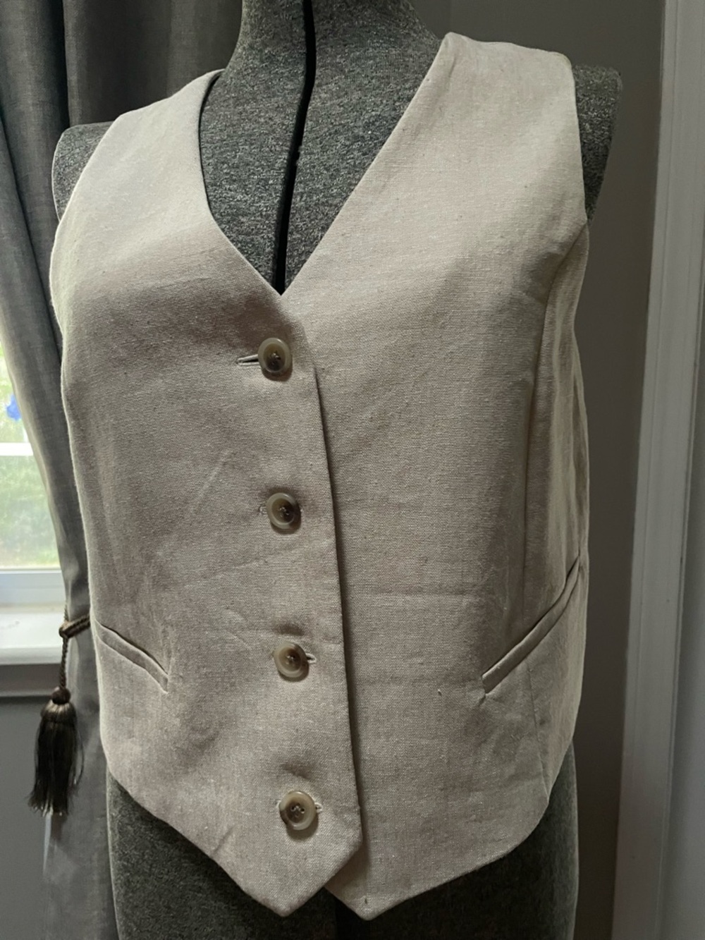 Neutral Linen-Look Button Front Vest by Old Navy. Out of stock style - Picture 3 of 8